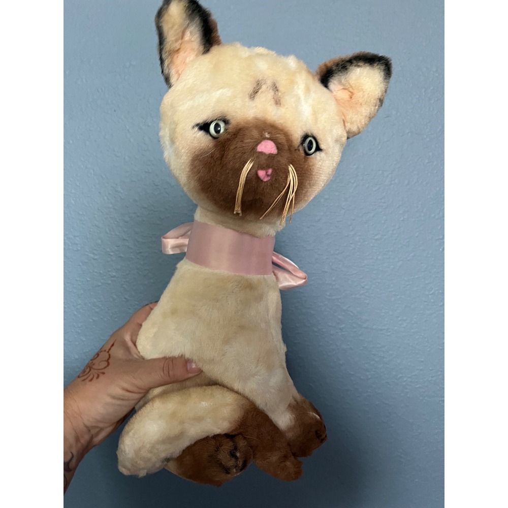Vintage Trudy Toys‎ Siamese Cat Plush Stuffed Animal Rayon Pink Bow Norwalk CT